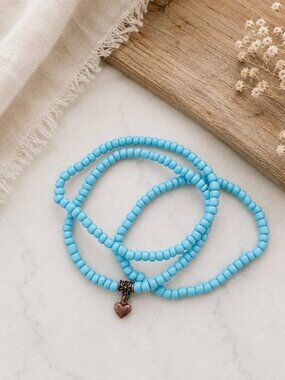 Blue Seed Bead Bracelet Set with Copper Heart Charm | Gentle Heart